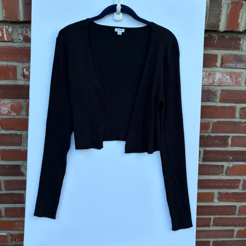 Garage Black Ribbed Cropped Cardigan Sweater Hook Eye Closure Womens Large L